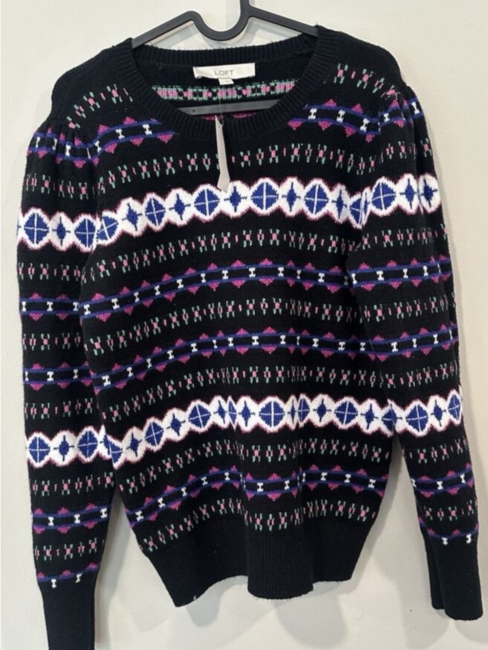 LOFT Fair Isle Sz Medium Multi Color Puff Sleeve Sweater Crewneck EUC - Picture 2 of 5